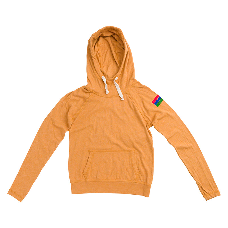Product photo of a light mustard hoodie with a white background.