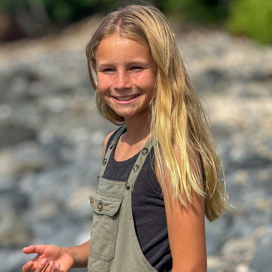 Photo of a girl with blonde hair wearing sage green overalls with a dark grey tank underneath.