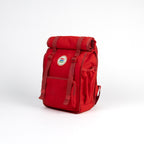 Red backpack with a logo on a white background