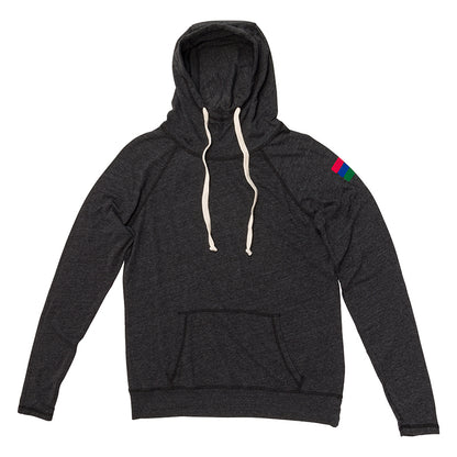 Product photo of a black hoodie with three colored stripes on the arm. The stripes are red, blue, and green.