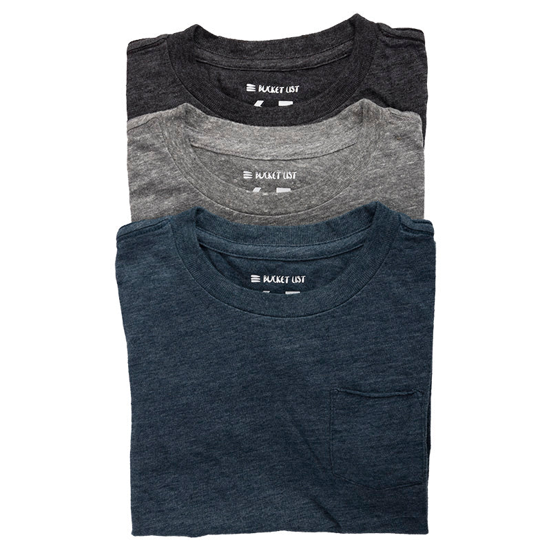 Product photo of three t-shirts next to each other to display the color options. The colors are black, grey, and navy.