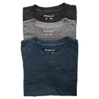 Product photo of three t-shirts next to each other to display the color options. The colors are black, grey, and navy.