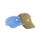 Product photo with a white background of a light blue baseball cap with a white embroidered bucket list logo on the front center next to a tan version of the cap.