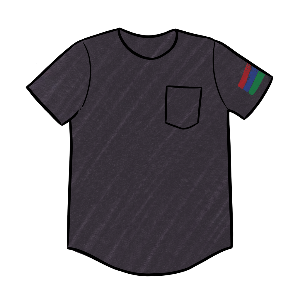 Digital art image of a black crew neck short sleeve t-shirt with the bucket list logo on the left arm of the shirt. 