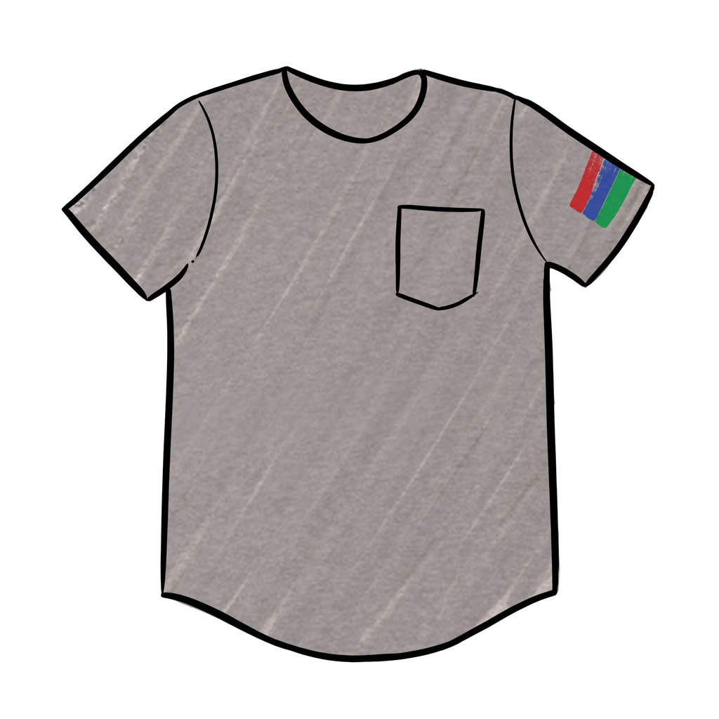 Digital art image of a grey crew neck short sleeve t-shirt with the bucket list logo on the left arm of the shirt. 