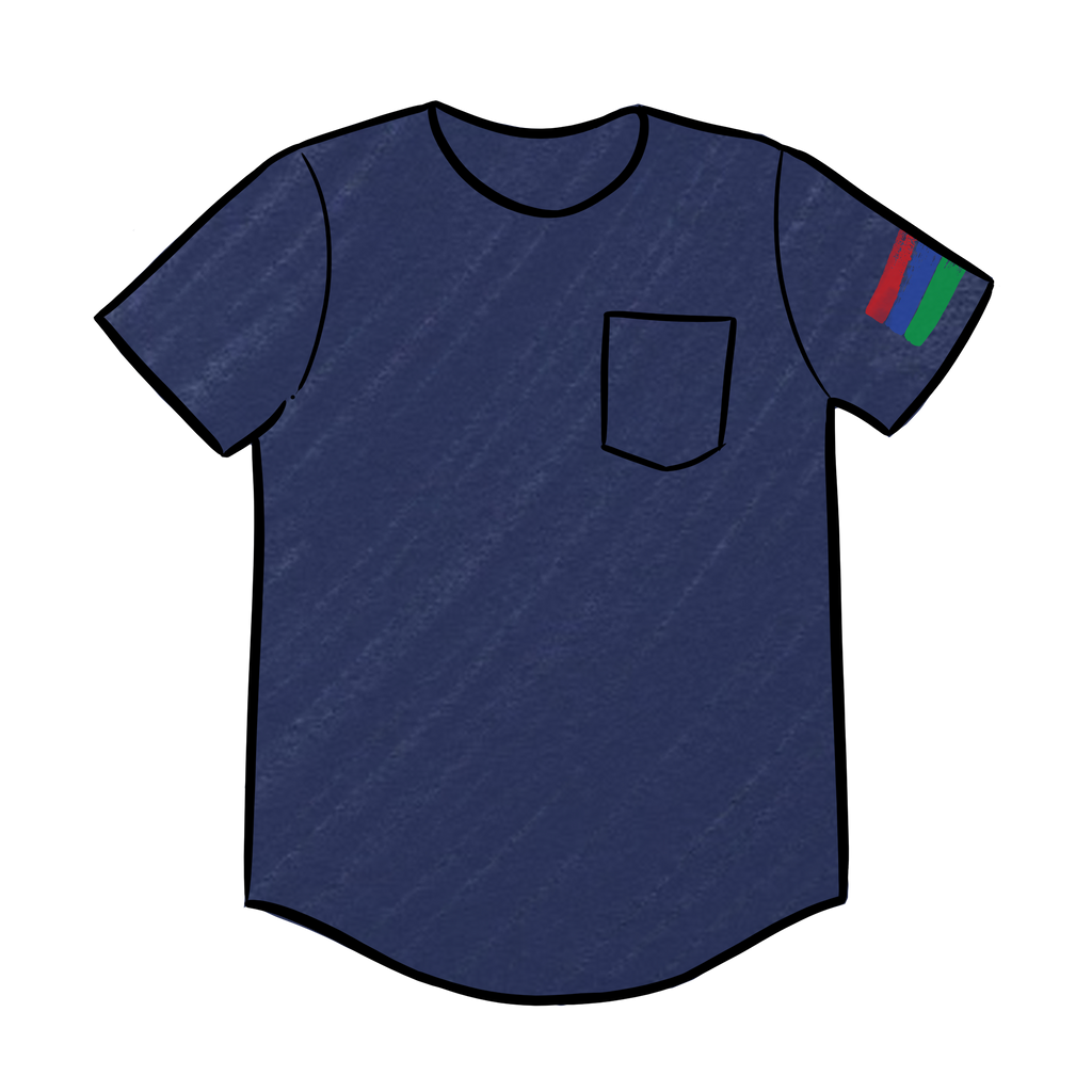 Digital art image of a navy crew neck short sleeve t-shirt with the bucket list logo on the left arm of the shirt. 