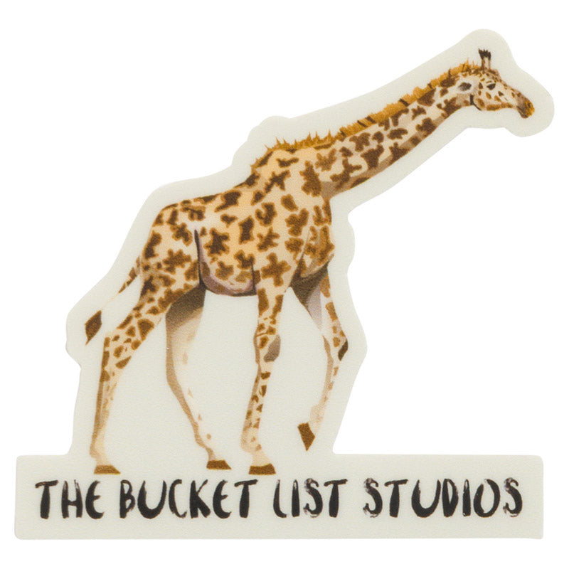 An image of a cartoon giraffe sticker that says The Bucket List Studios at the bottom. 