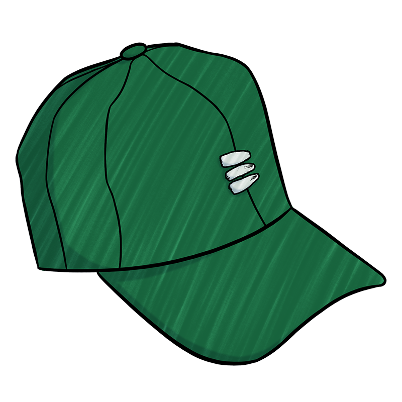Digital art of a green baseball cap with a white embroidered bucket list logo on the front of the cap. 