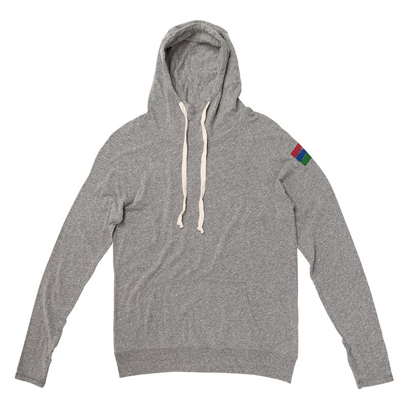 Product photo of a grey hoodie with three colored stripes on the arm. The stripes are red, blue, and green.