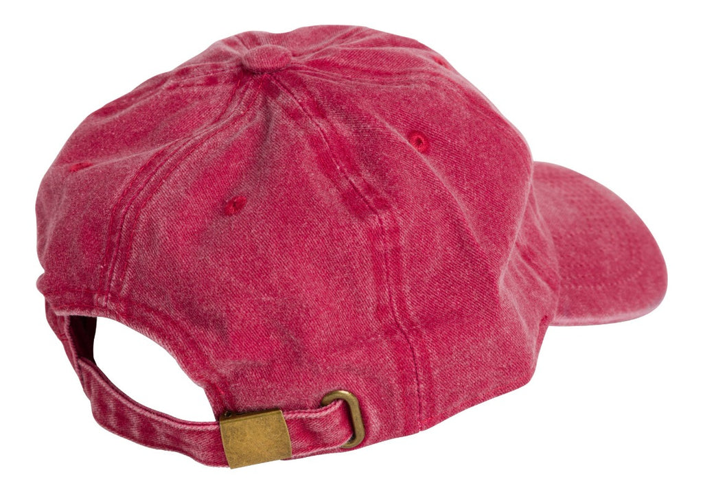 Product photo with a white background of the back of a burgundy baseball cap with a white embroidered bucket list logo on the front of the cap. 