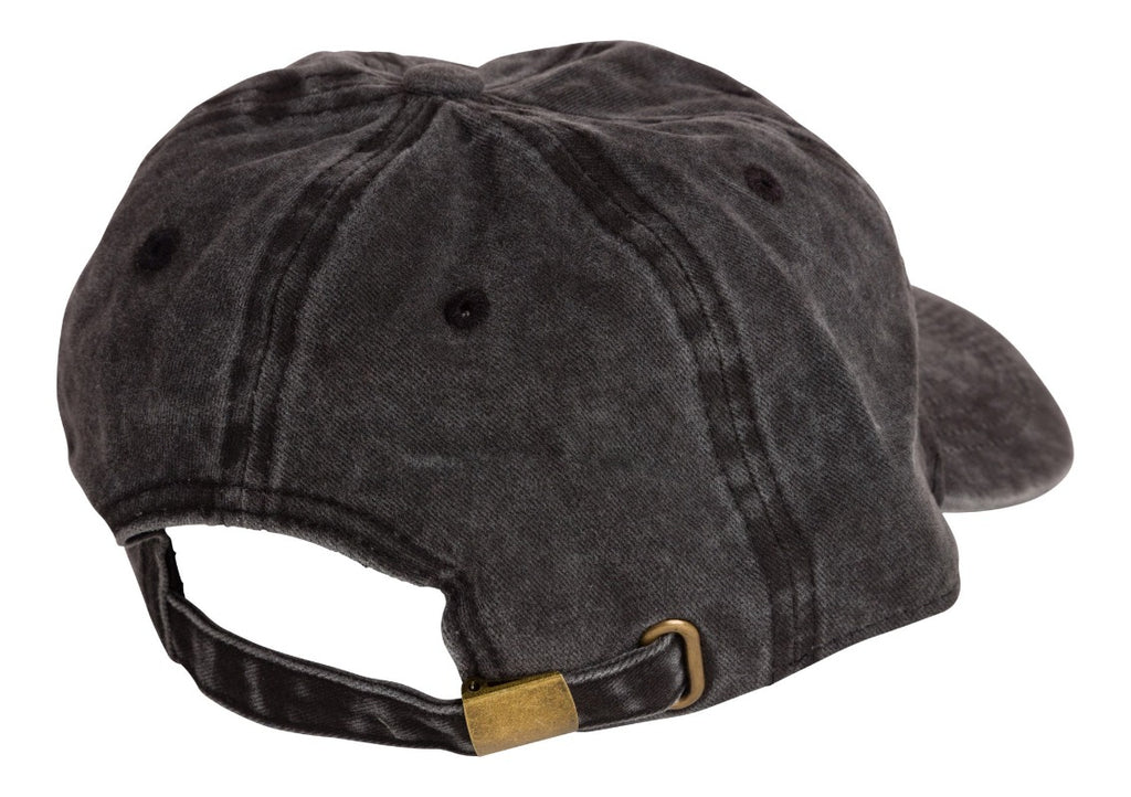 Product photo with a white background of the back of a black baseball cap with a white embroidered bucket list logo on the front of the cap. 