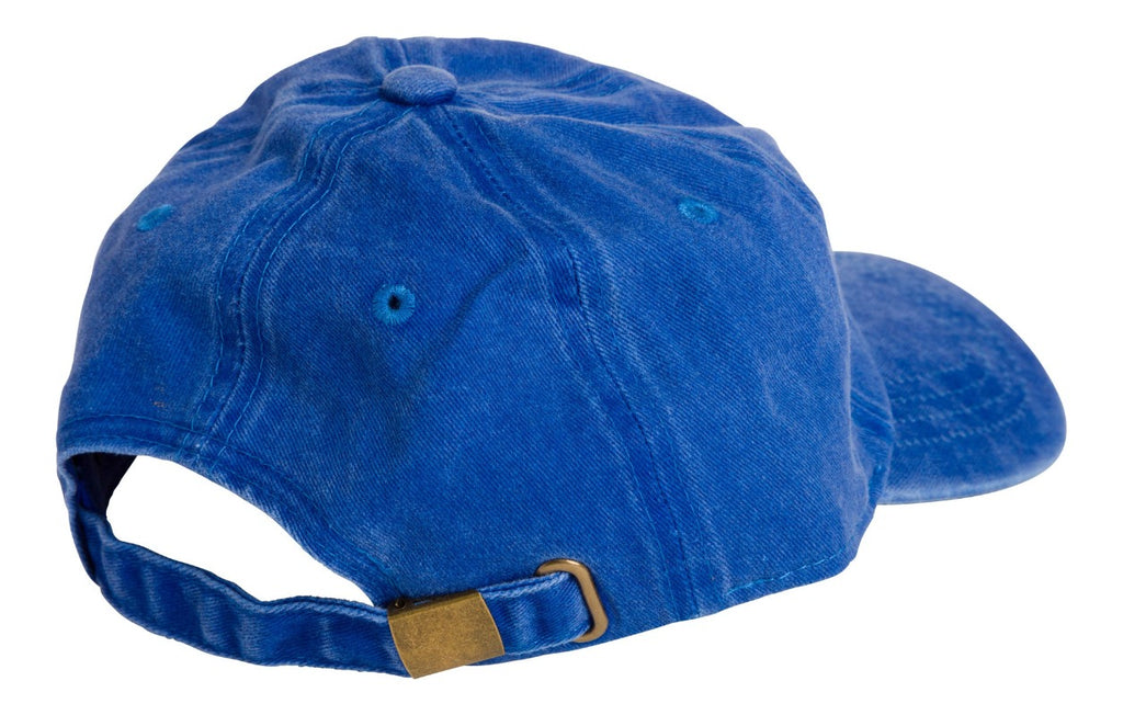 Product photo with a white background of the back of a blue baseball cap with a white embroidered bucket list logo on the front of the cap. 