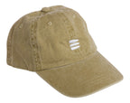 Product photo with a white background of a tan baseball cap with a white embroidered bucket list logo on the front center. 