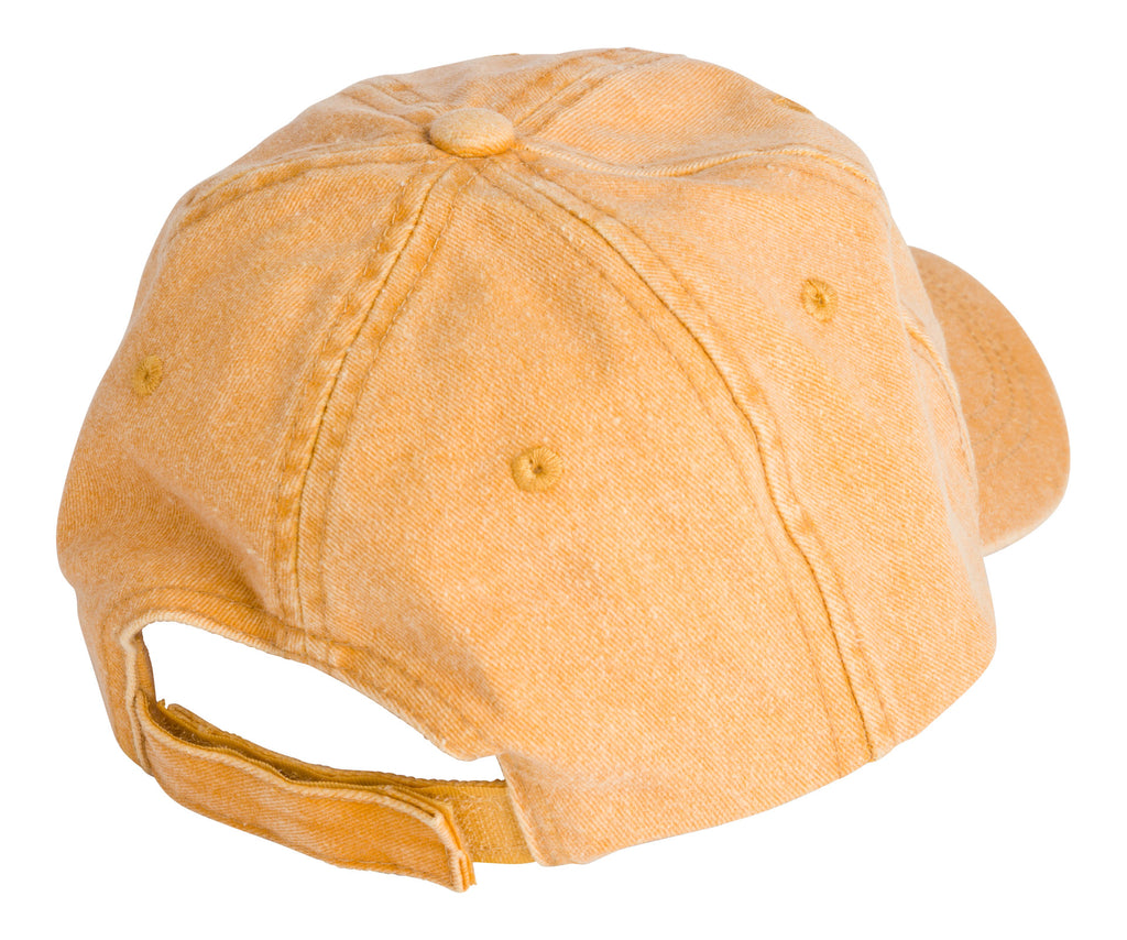 Product photo with a white background of the back of a yellow baseball cap with a white embroidered bucket list logo on the front center. 