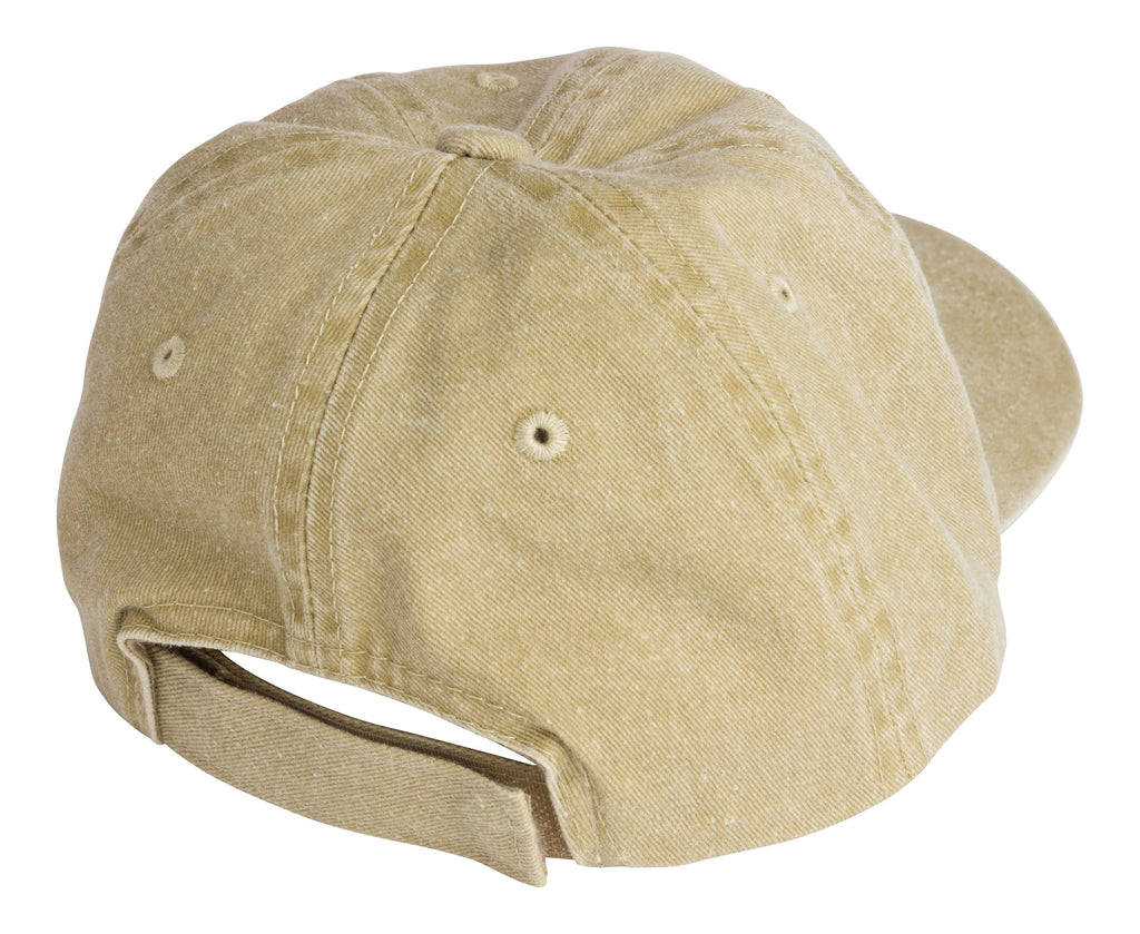 Product photo with a white background of the back of a tan baseball cap with a white embroidered bucket list logo on the front center. 