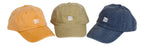 Product photo with a white background of three baseball caps with a white embroidered bucket list logo on the front center. The caps are yellow, tan, and navy.