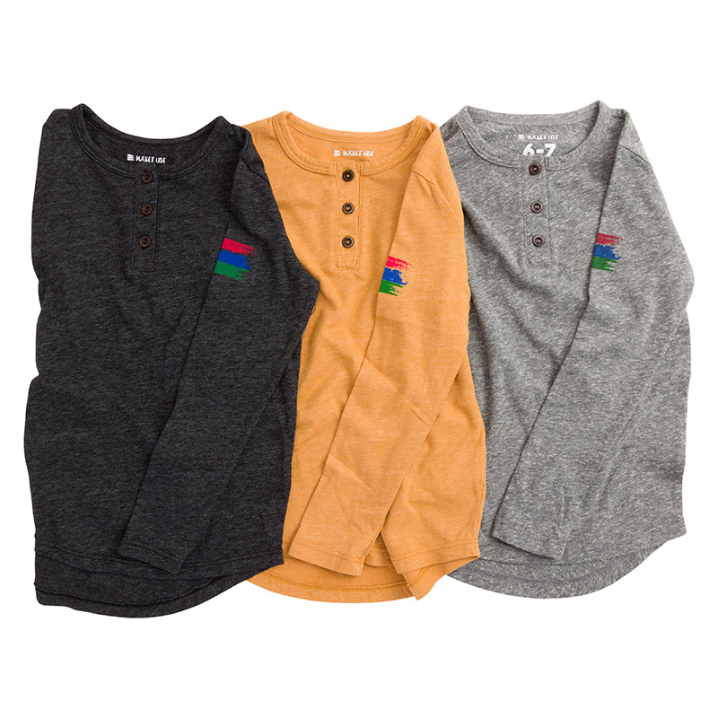 Product photo of three kids' henleys that are black, yellow, and grey.