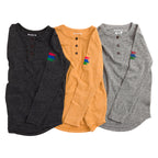 Product photo of three kids' henleys that are black, yellow, and grey.