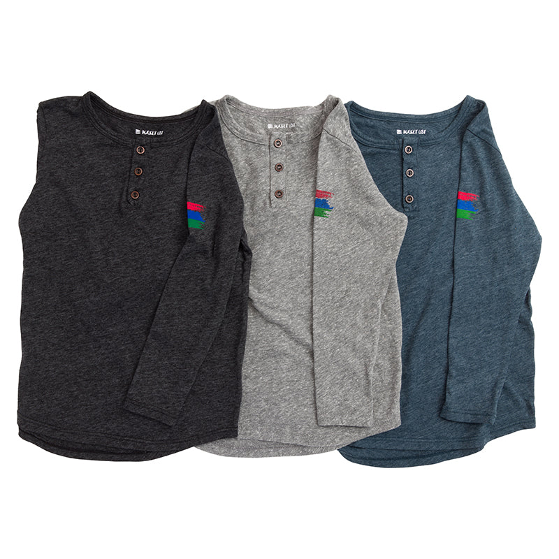Product photo of three henley's in black, grey, and navy. 