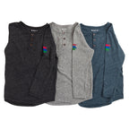 Product photo of three henley's in black, grey, and navy. 