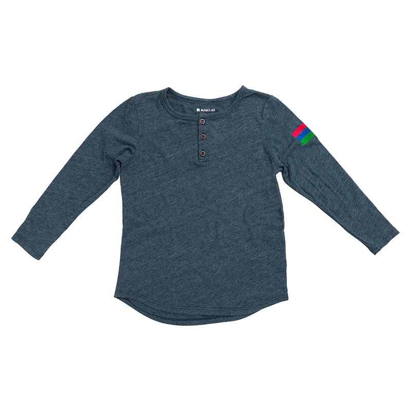 Product photo of a navy youth henley with a white background.