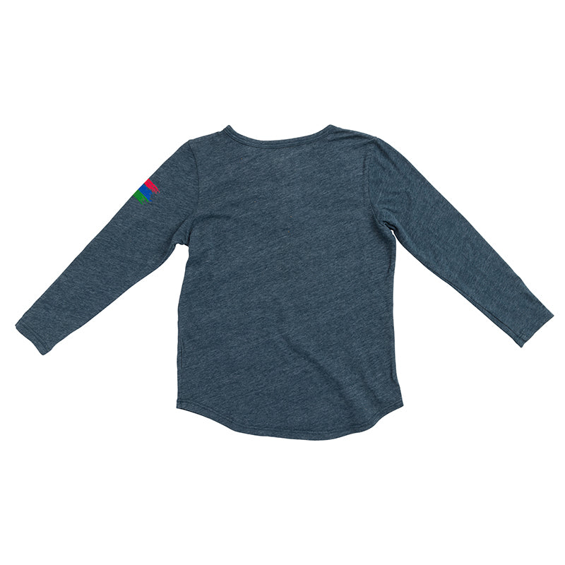 Product photo of the back of a navy youth henley with a white background.