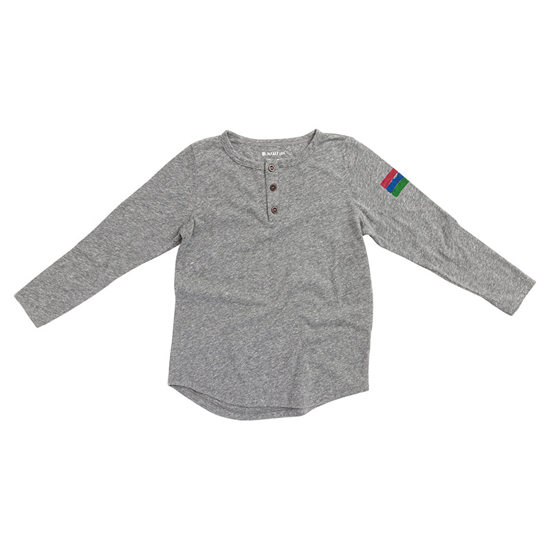 Product photo of a kids' grey henley with a white background. 