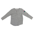 Product photo of a grey youth henley with a white background.