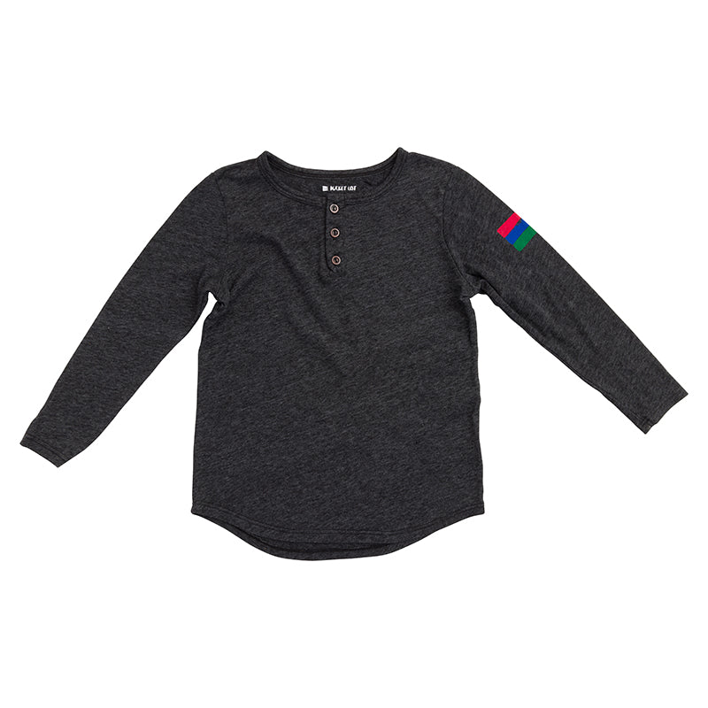 Product photo of a kids' black henley with a white background. 