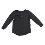 Product photo of a kids' black henley with a white background. 