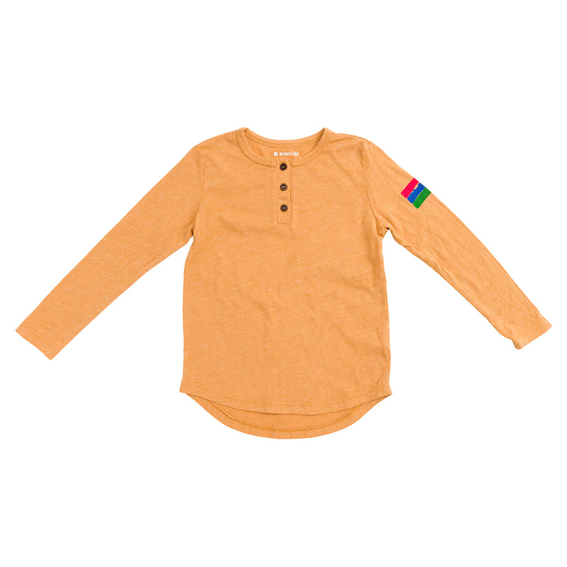 Product photo of a girls' mustard henley with a white background. 