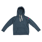 Product photo of a navy kids' hoodie with a white background.