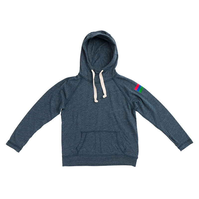 Product photo of a navy kids' hoodie with a white background.