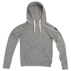 Product photo of a grey kids hoodie with a white background.