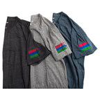 Product photo of three t-shirts next to each other to display the color options. The colors are black, grey, and navy.