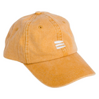 Product photo with a white background of a yellow baseball cap with a white embroidered bucket list logo on the front of the cap. 
