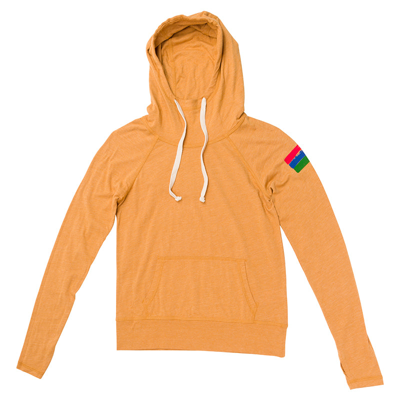 Product photo of a mustard hoodie with three colored stripes on the arm. The stripes are red, blue, and green.