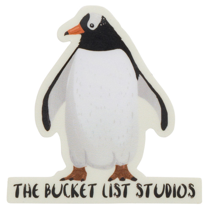 An image of a cartoon peinguin sticker that says The Bucket List Studios at the bottom. 