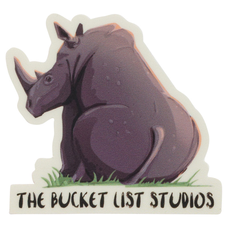 An image of a cartoon rhino sticker that says The Bucket List Studios at the bottom. 