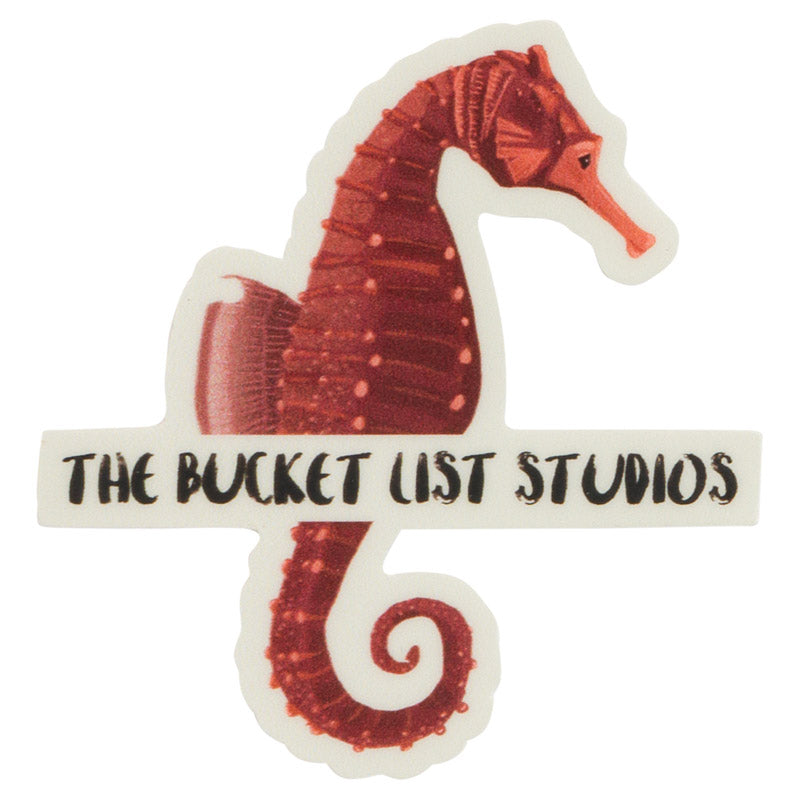 An image of a cartoon seahorse sticker that says The Bucket List Studios at the bottom. 