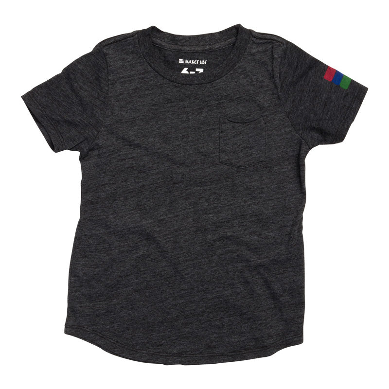 Product photo with a white background of a black crew neck short sleeve t-shirt with the bucket list logo on the left arm of the shirt. 