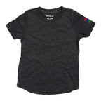 Product photo with a white background of a black crew neck short sleeve t-shirt with the bucket list logo on the left arm of the shirt. 