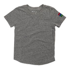 Product photo with a white background of a grey crew neck short sleeve t-shirt with the bucket list logo on the left arm of the shirt. 