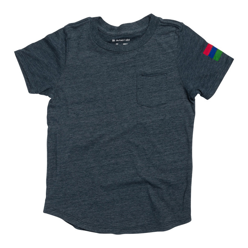 Product photo with a white background of a navy crew neck short sleeve t-shirt with the bucket list logo on the left arm of the shirt. 