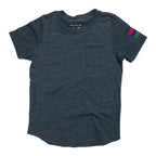 Product photo with a white background of a navy crew neck short sleeve t-shirt with the bucket list logo on the left arm of the shirt. 