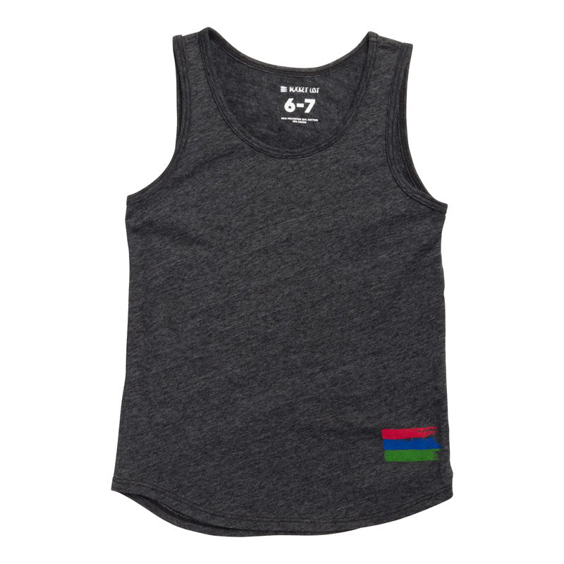 Product photo of a boy's black tank top with the bucket list logo in the bottom right corner of the tank on a white background. 