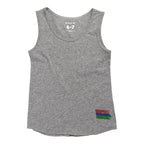 Product photo of a boy's grey tank top with the bucket list logo in the bottom right corner of the tank on a white background. 