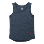 Product photo of a boy's navy tank top with the bucket list logo in the bottom right corner of the tank on a white background. 