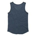 Product photo of the back of a boy's navy tank top on a white background. 