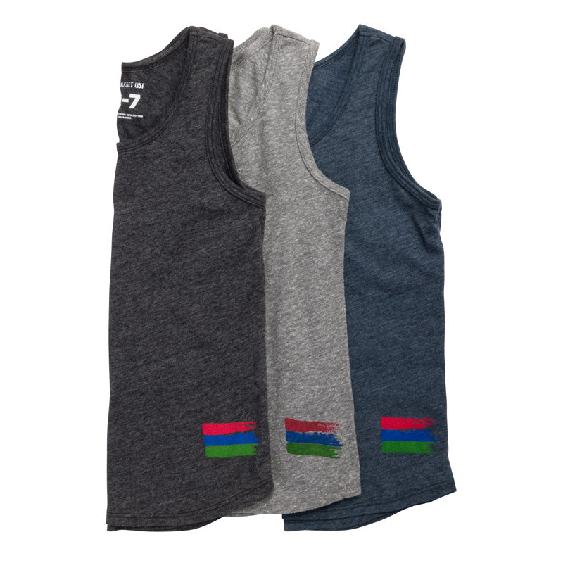 Product photo that shows all three of the bucket list tank top colors next to each other. The colors include black, grey, and navy.